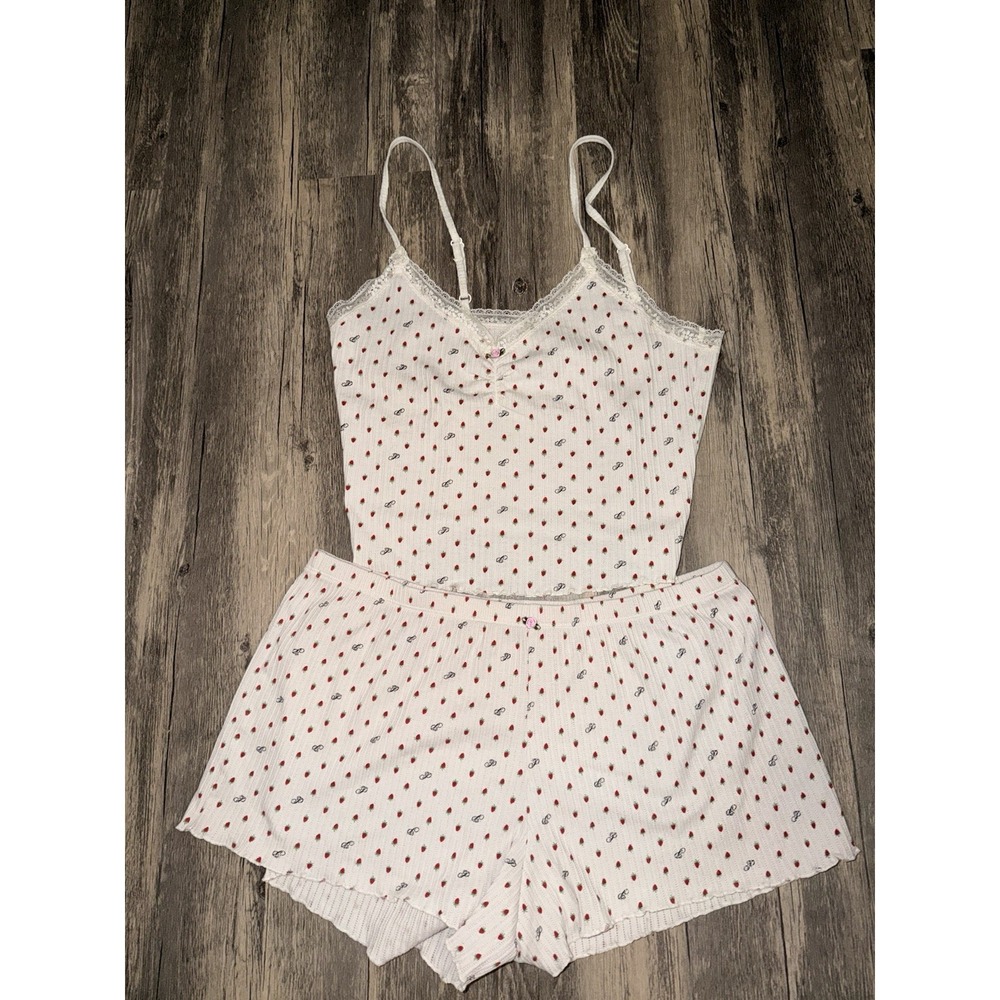 Victoria's Secret Pink Pajama Set Strawberry Ribbed M/L White Sleepwear Lounge
